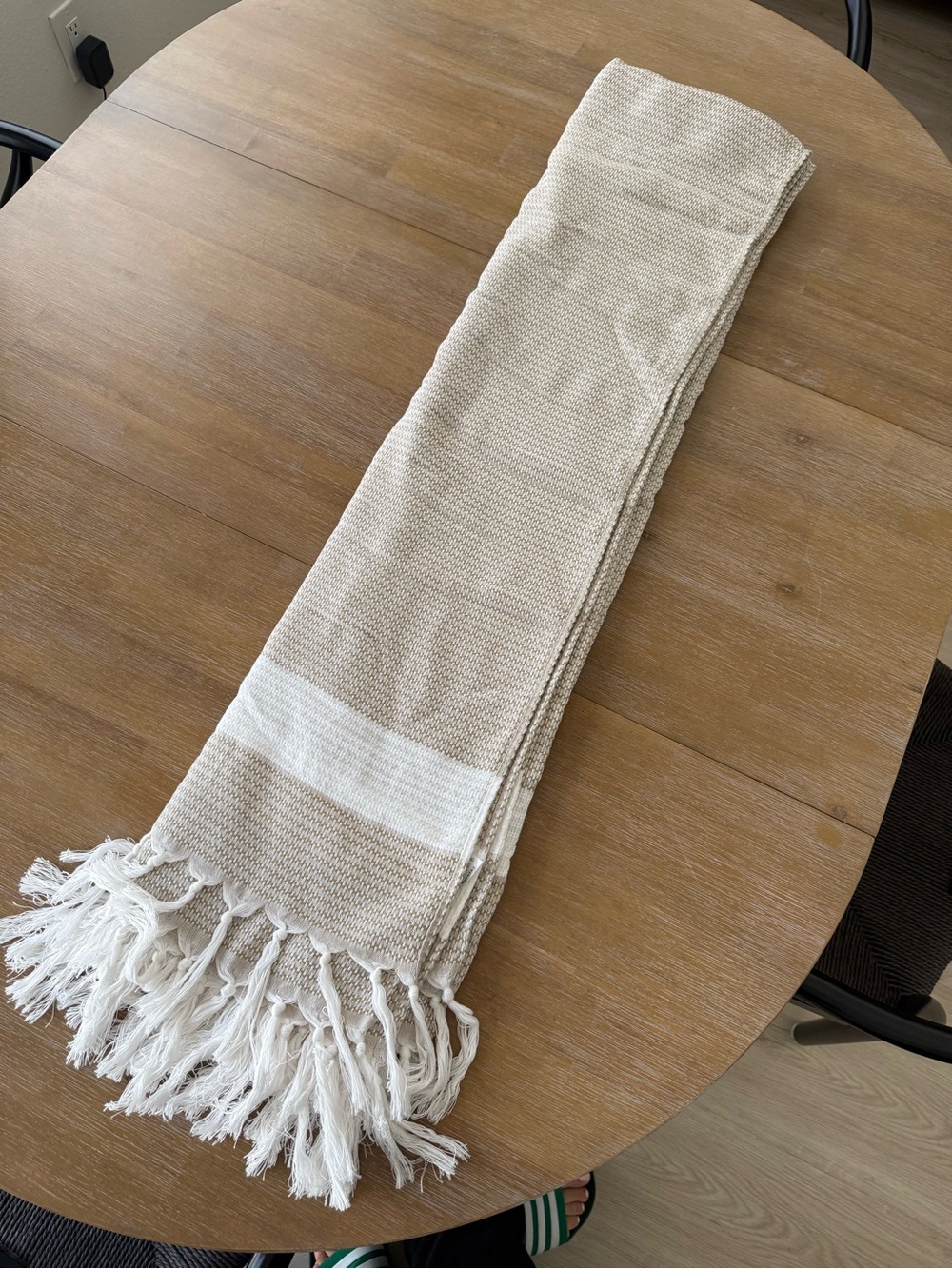 Neutral Woven Fringe Throw Blanket - Beige and White